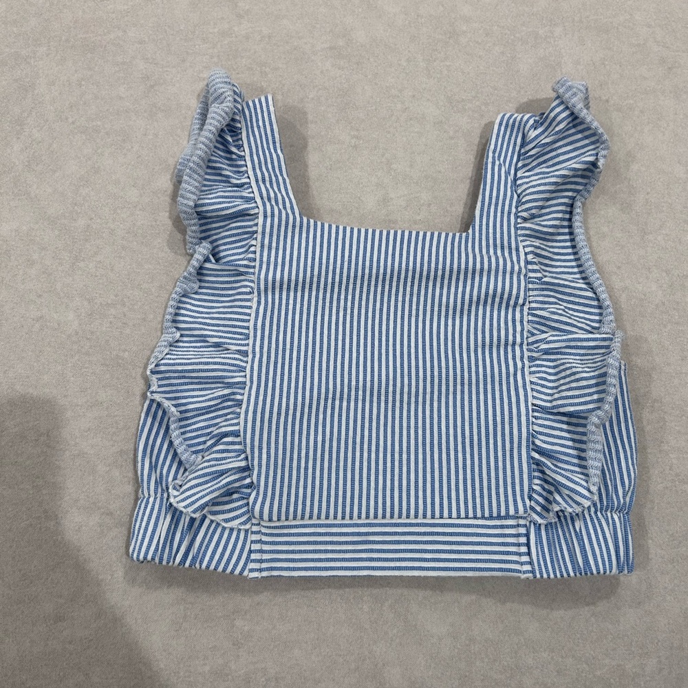 Zara Blue and White Ruffled Crop Tank Top